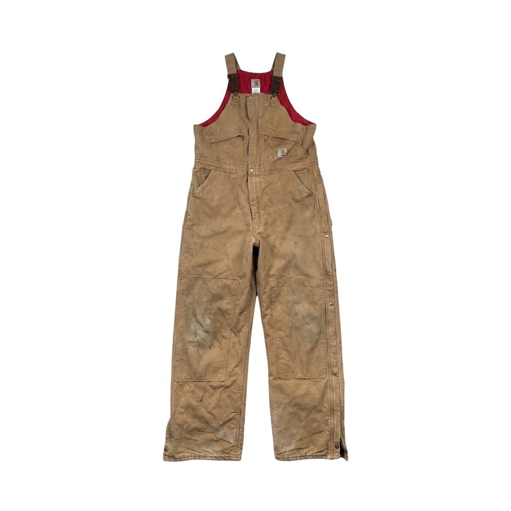 Vintage Carhartt 80s Made in USA UAW Red Quilt Lined Duck Bib Overalls Brown 34